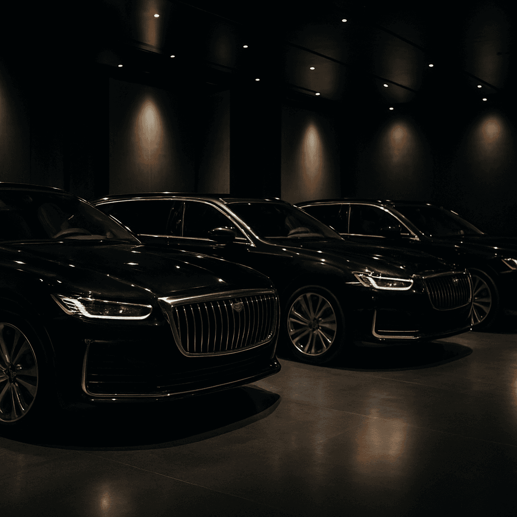 A row of luxury cars in an elegant showroom