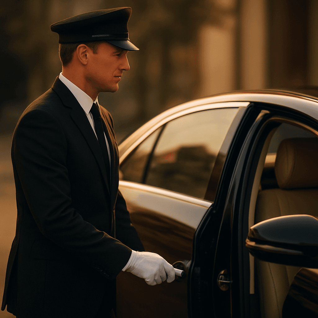 Professional chauffeur in a black suit opening a luxury car door