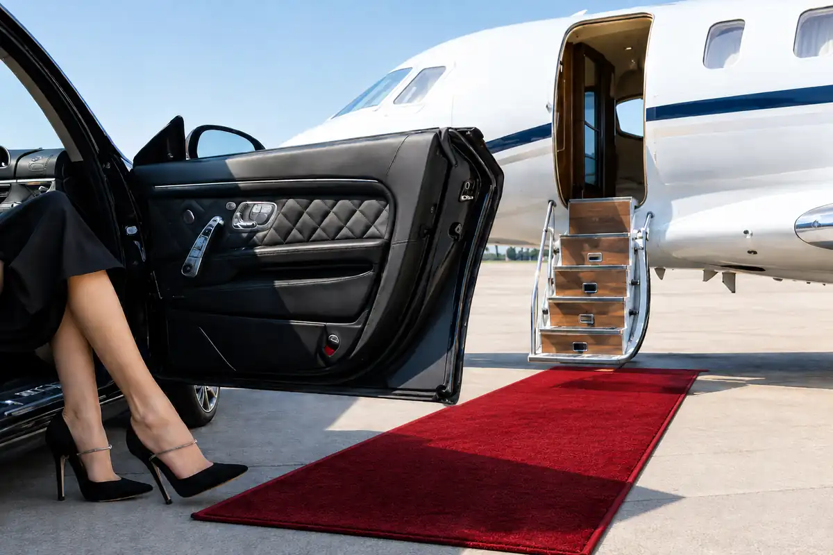 Woman in black heels stepping out of a black car beside a private jet and a red carpet