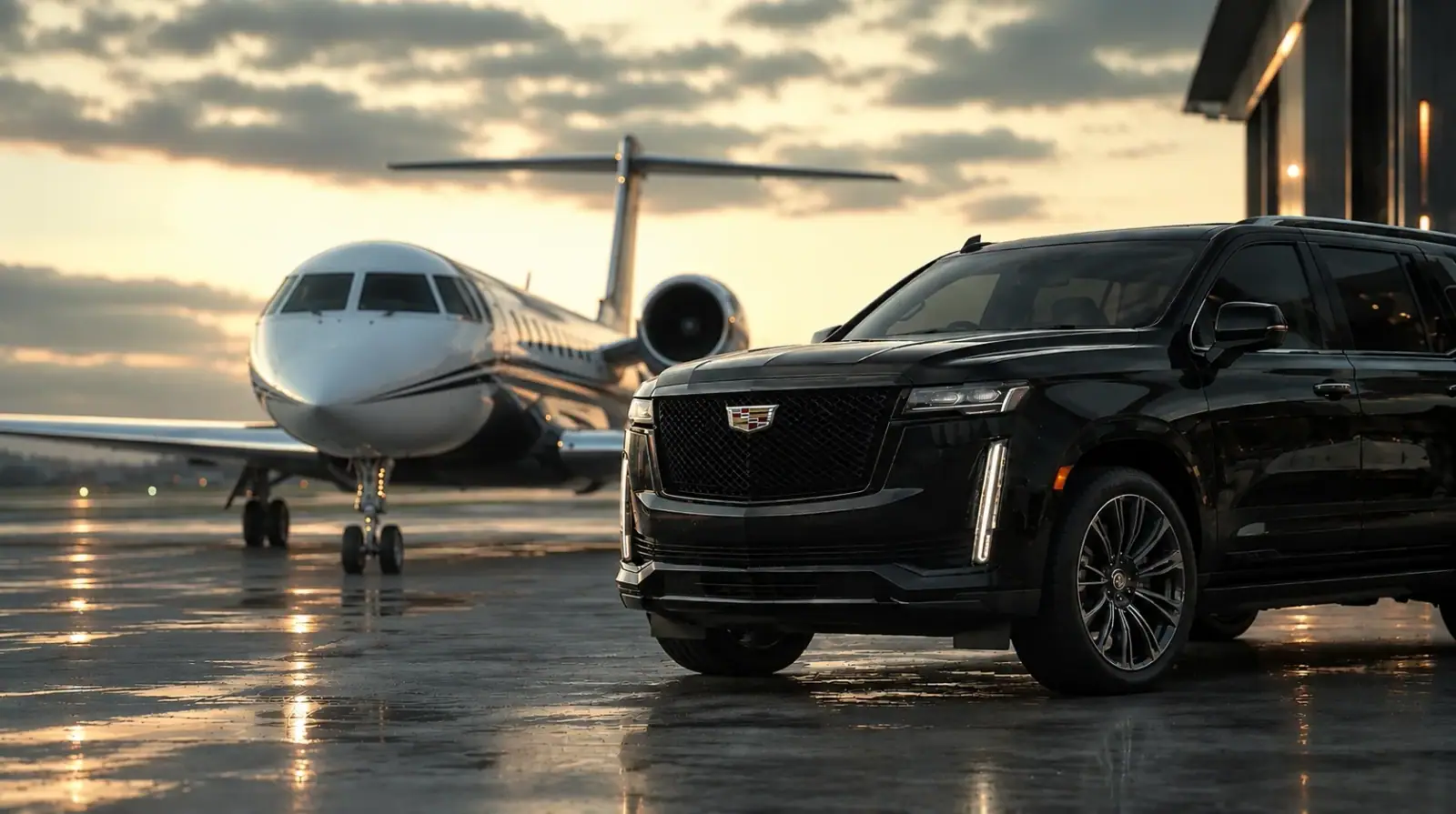 Black Cadillac Escalade parked on the airport apron in front of a private jet at sunset