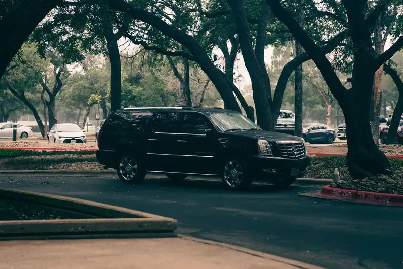 Black Cadillac Escalade parked under trees