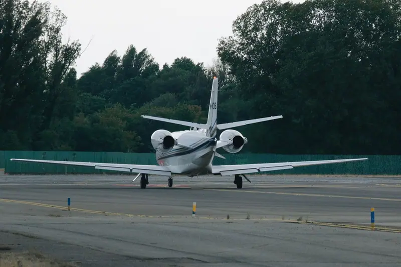 Private jet on an airfield surrounded by trees