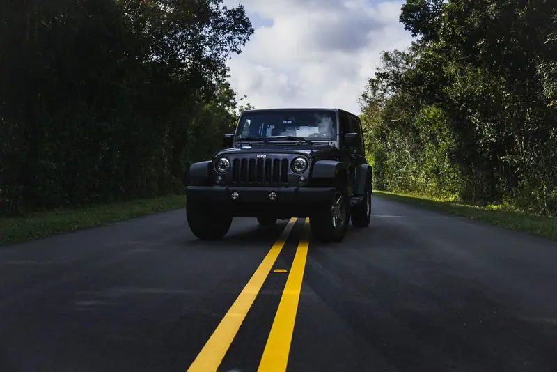 Black SUV driving along a country road