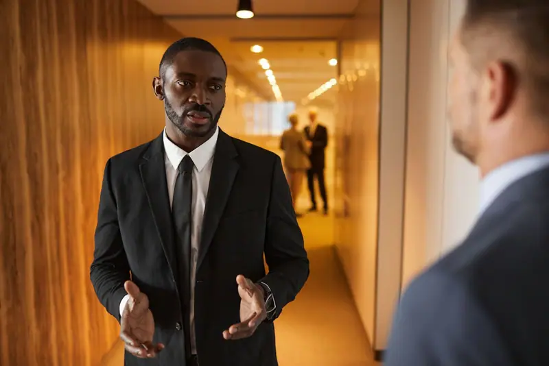 Businessman in a dark suit talking in a corridor