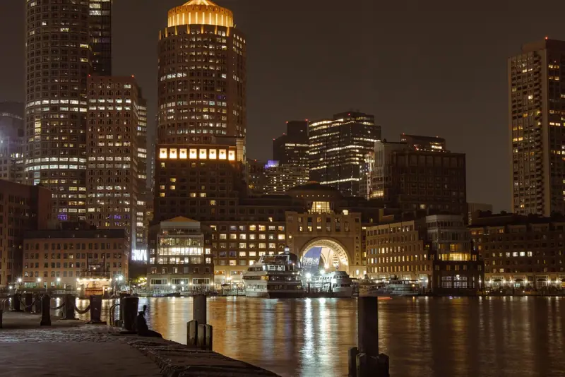 Boston waterfront and skyline at night