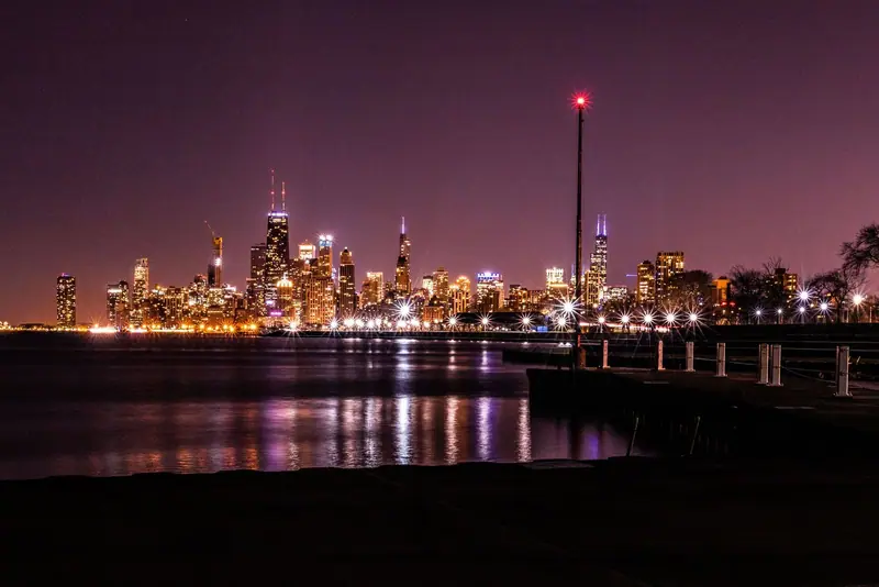 Chicago skyline at night across the water