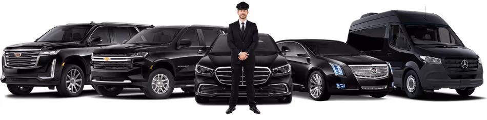 a chauffeur stand in front of black cars center