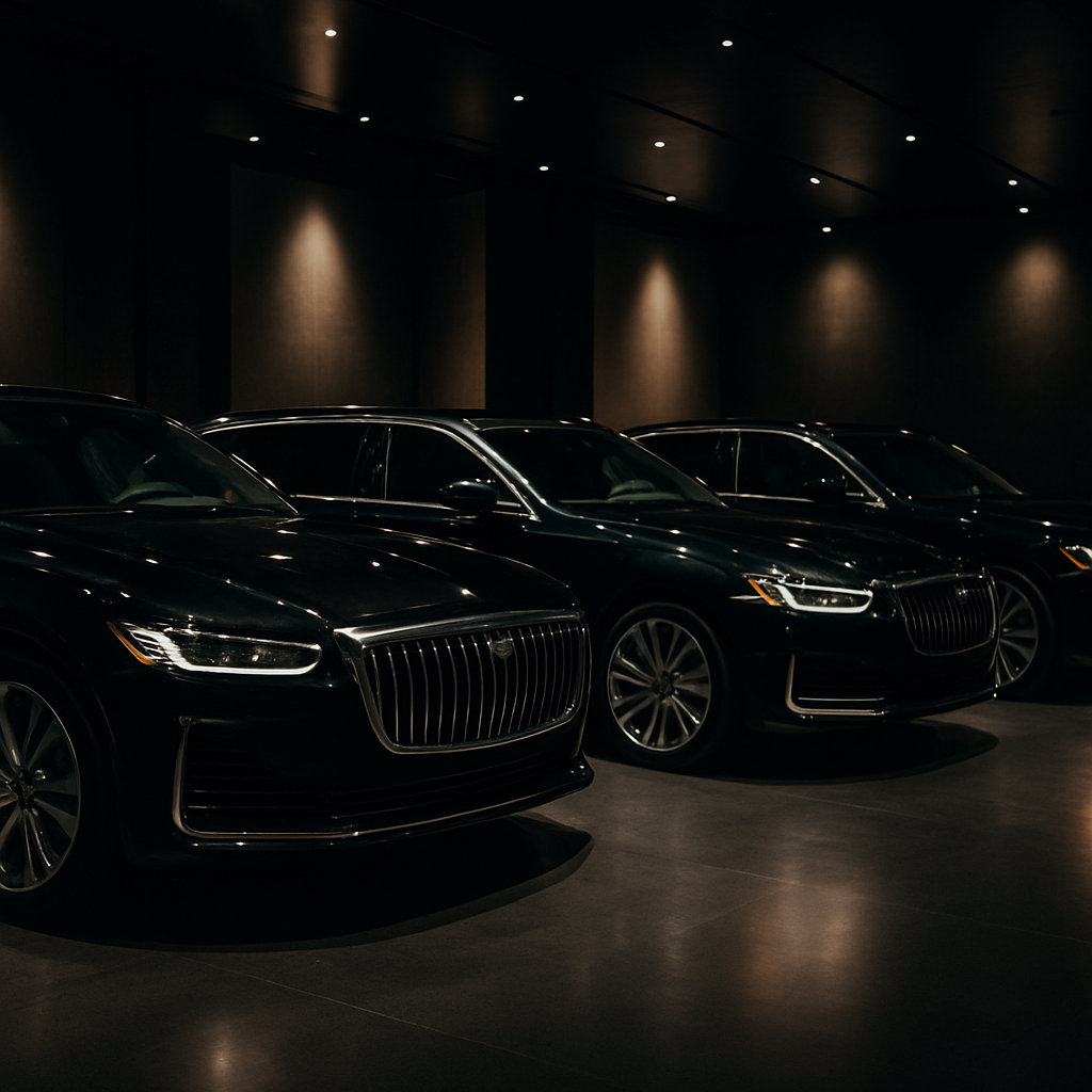 A row of luxury cars in an elegant showroom