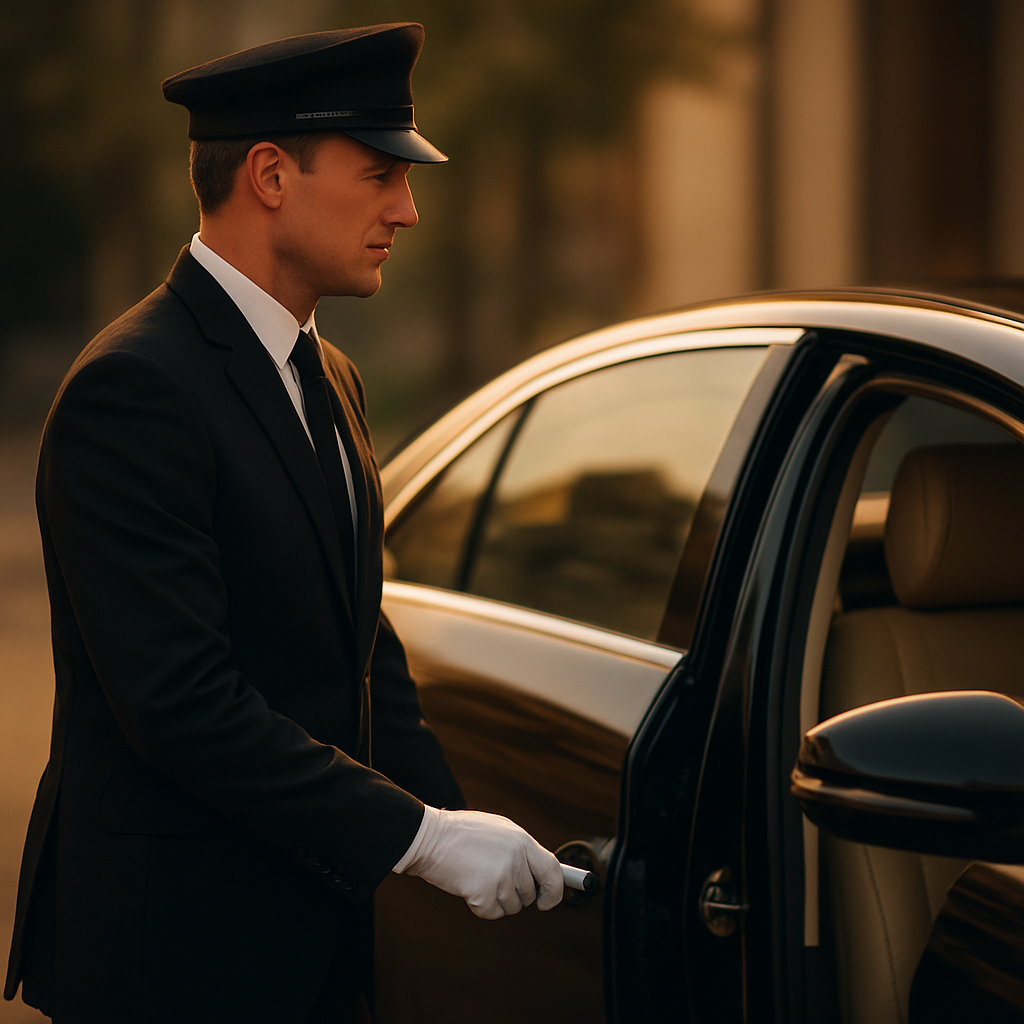 Professional chauffeur in a black suit opening a luxury car door